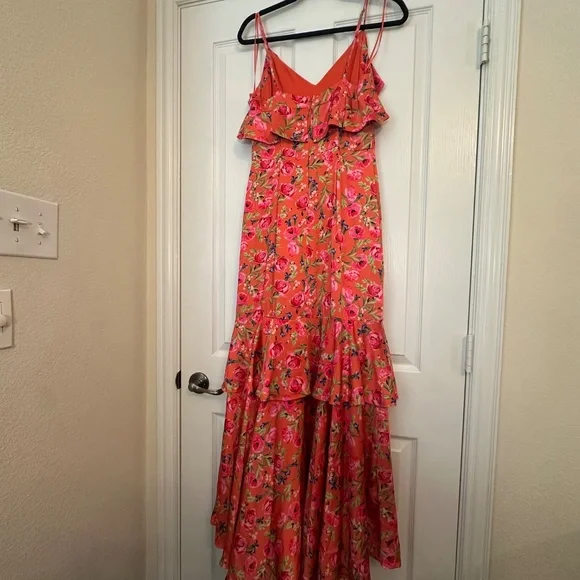 Anthropologie - Keepsake the Label - For Me Orange Floral Ruffle Trim Satin Gown - Picture 5 of 9